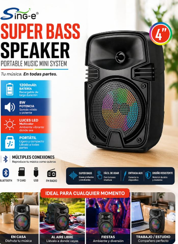 Parlante Portátil Sing-e Super Bass 4" 8W LED RGB Bluetooth