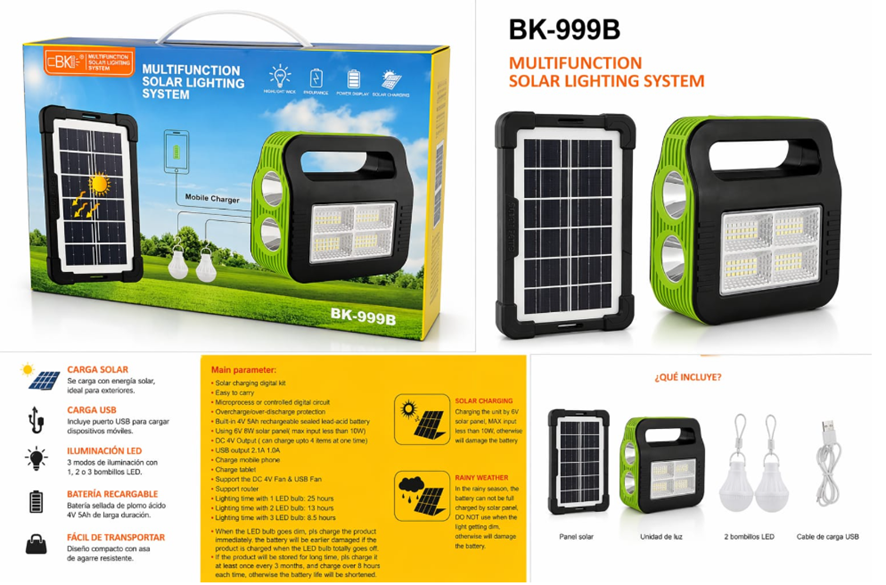 Kit Solar Portátil BK-999B - Iluminación LED + Carga USB