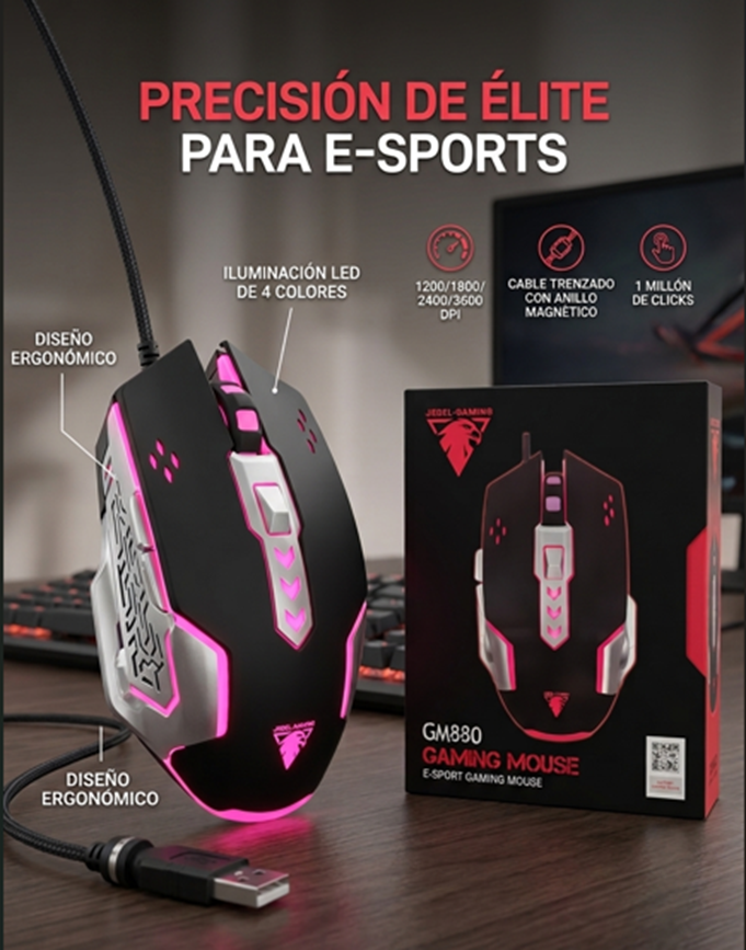 Mouse Gamer GM880 E-Sports - DPI Ajustable + LED 4 Colores