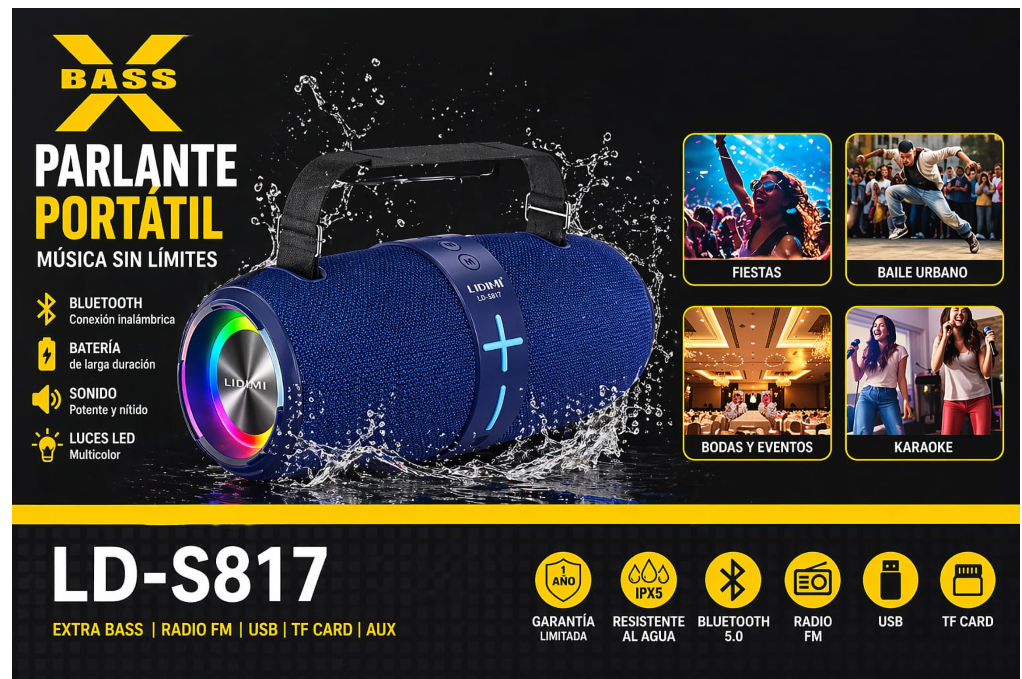 Parlante Portátil LIDIMI LD-S817 Extra Bass Bluetooth 5.0 - Negro