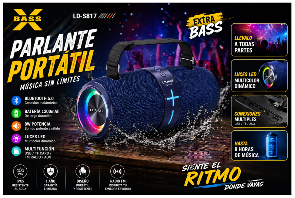Parlante Portátil LIDIMI LD-S817 Extra Bass Bluetooth 5.0 - Negro