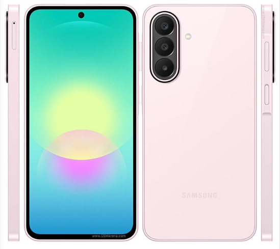 Samsung Galaxy A27 5G vista frontal, trasera y lateral en Light Pink