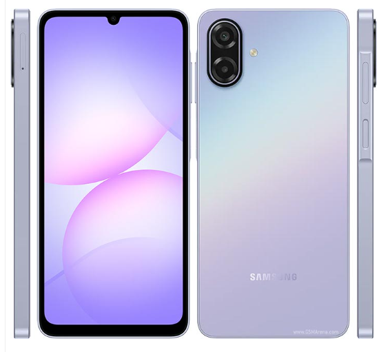 Samsung Galaxy A07 5G vista frontal, trasera y lateral en Light Violet