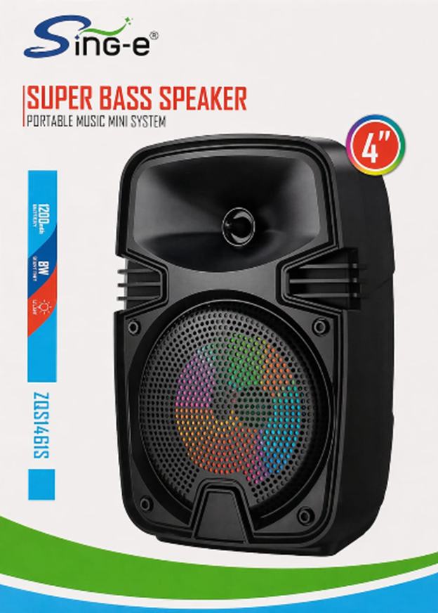 Parlante Portátil Sing-e Super Bass 4" 8W LED RGB Bluetooth