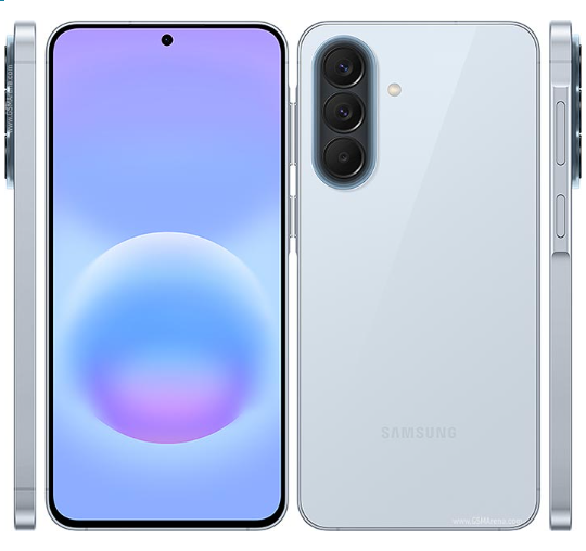 Samsung Galaxy A57 5G vista frontal, trasera y lateral en color Icyblue