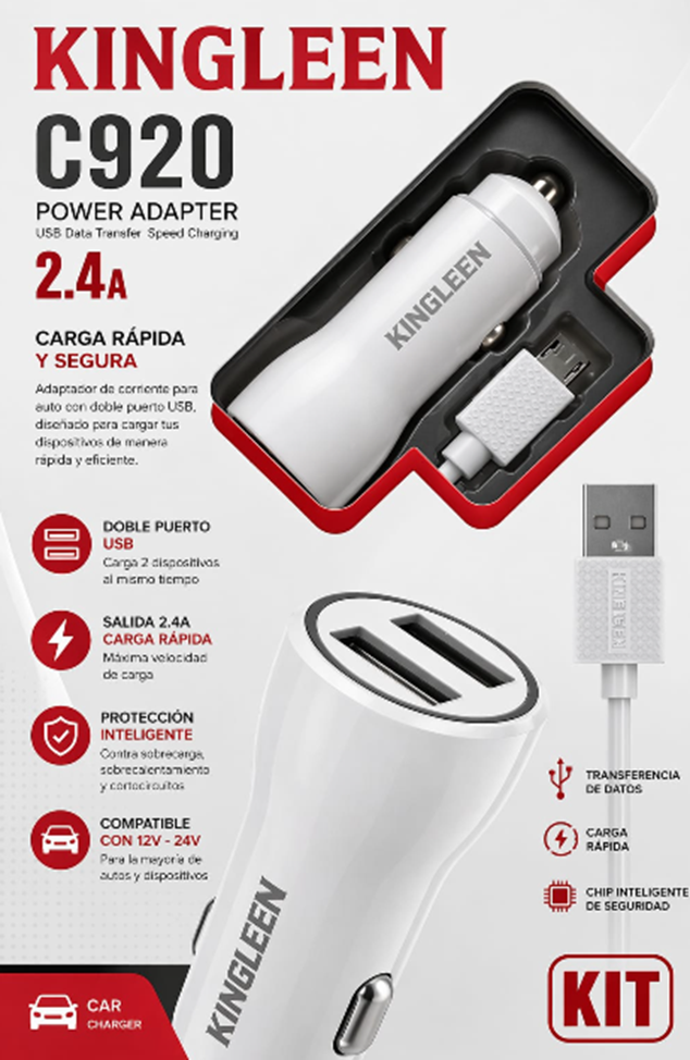 Cargador de Auto KINGLEEN C920 Dual USB 2.4A