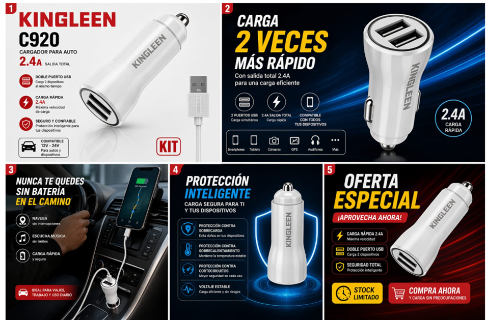Cargador de Auto KINGLEEN C920 Dual USB 2.4A