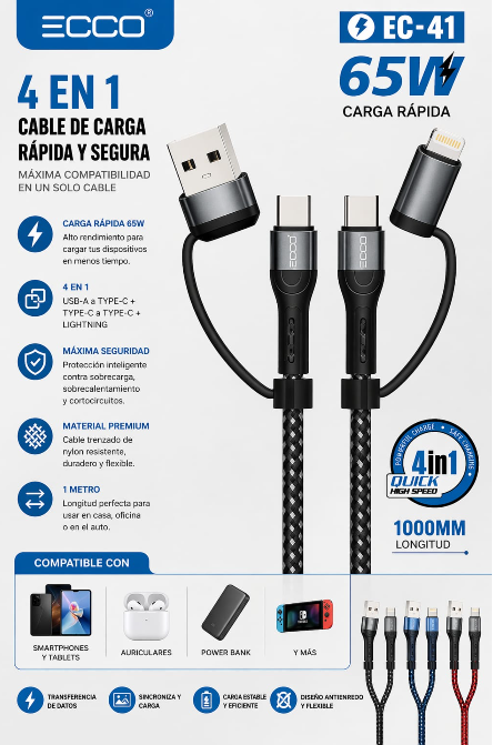 ECCO EC-41 Cable de Carga 4 en 1 65W